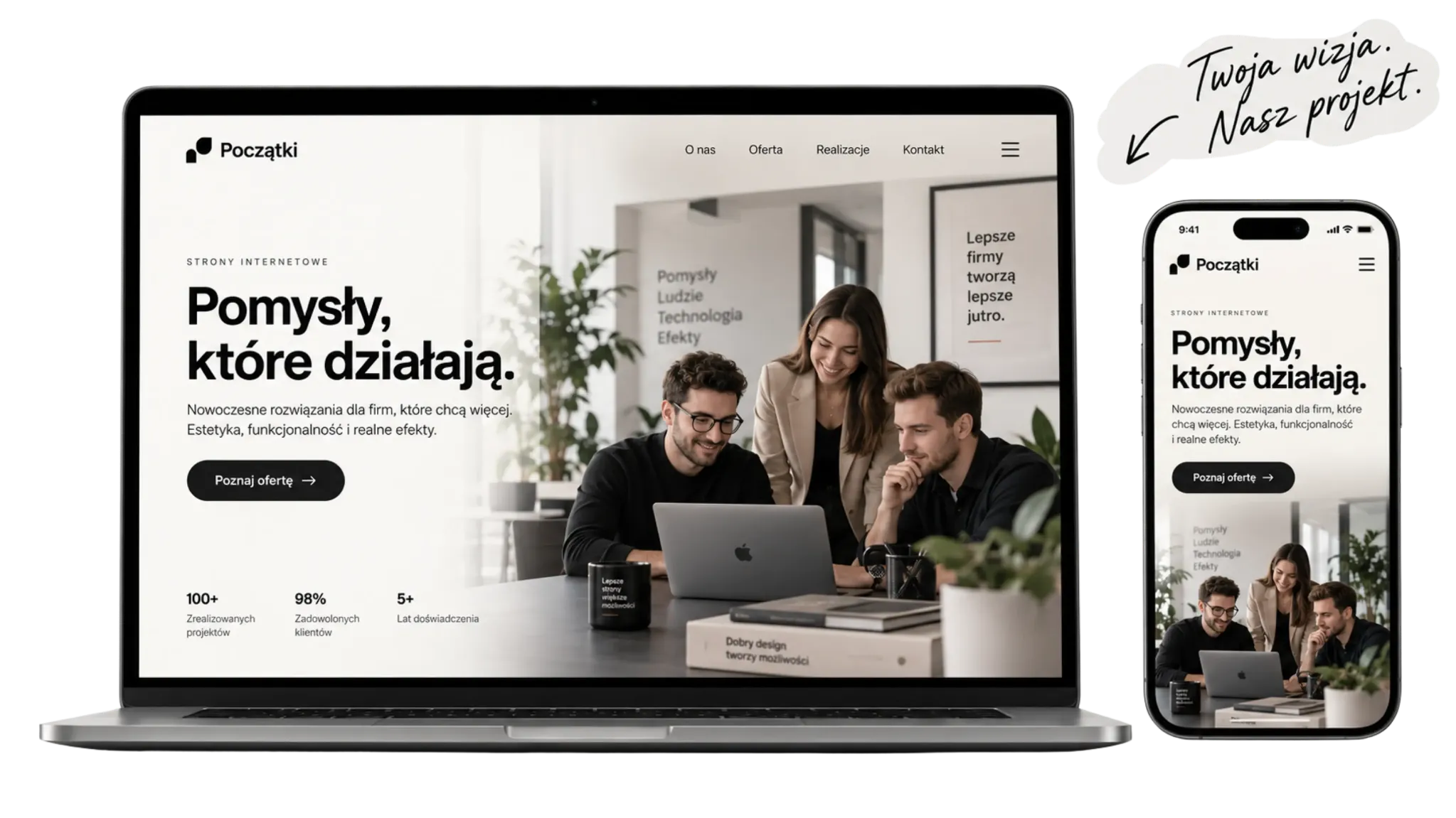 Podgląd nowoczesnej strony internetowej na laptopie i telefonie z odręczną notatką